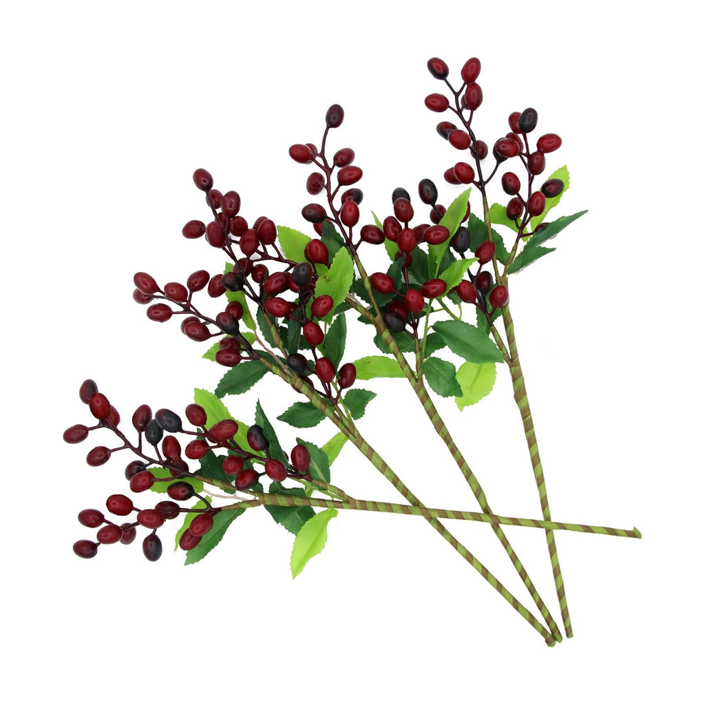 4PCS Artificial Flower Artificial Berry Stems Faux Red Berry Stems Faux Berries Olive with Leaves Fake Berries Branches Fake Fruit with Bendable Stem for Christmas Vase Floral Arrangement(Dark Red)