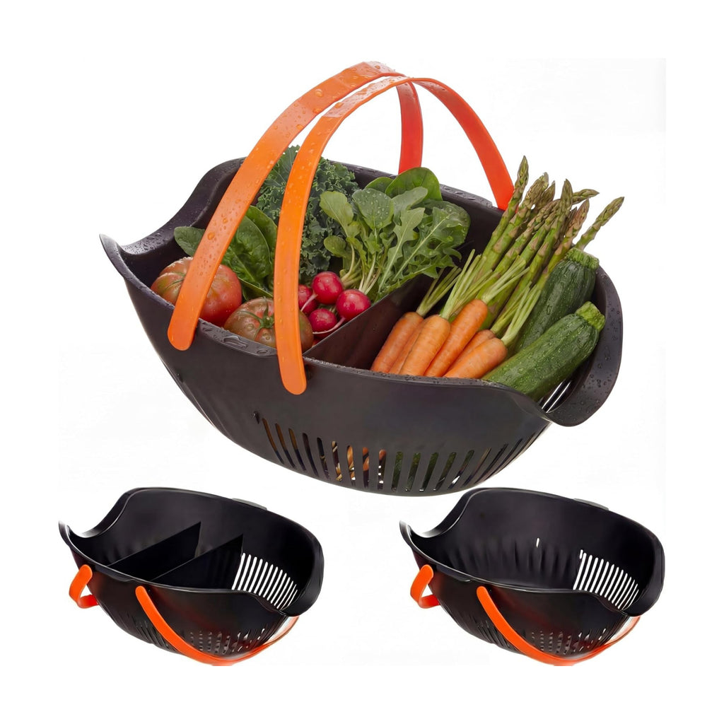 Nuogo 3 Pcs Garden Harvest Basket with Dividers Tool Caddy,Black | Removable Partitions, Doubles Colander for Veggies