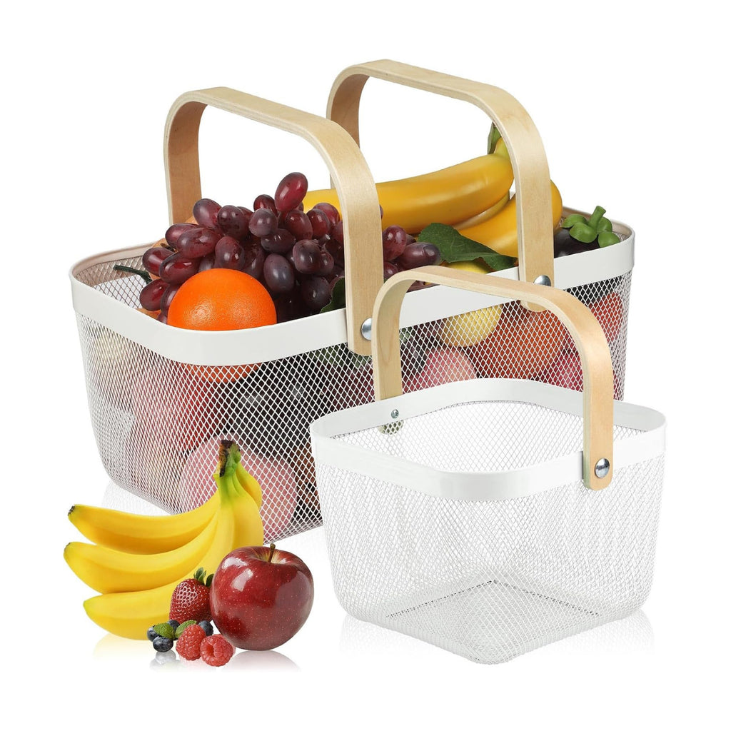 Coloful Metal Mesh Wire Basket with Foldable Wooden Handle,Bin Garden Fruit Vegetable Storage Hanging Harvest Holder