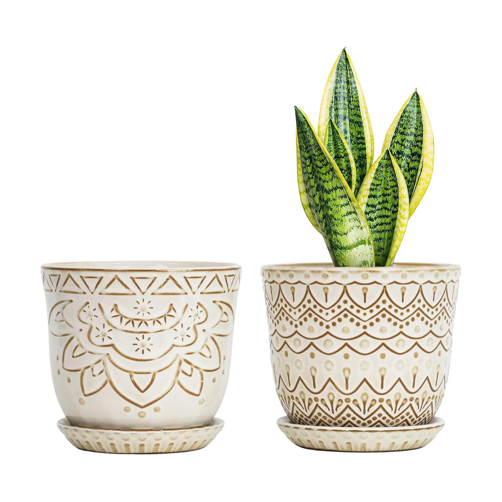 Gepege Ceramic Plant Pots, 6 Inch Indoor Planters with Drainage & Saucers | Ceramic pots for plants with drainage