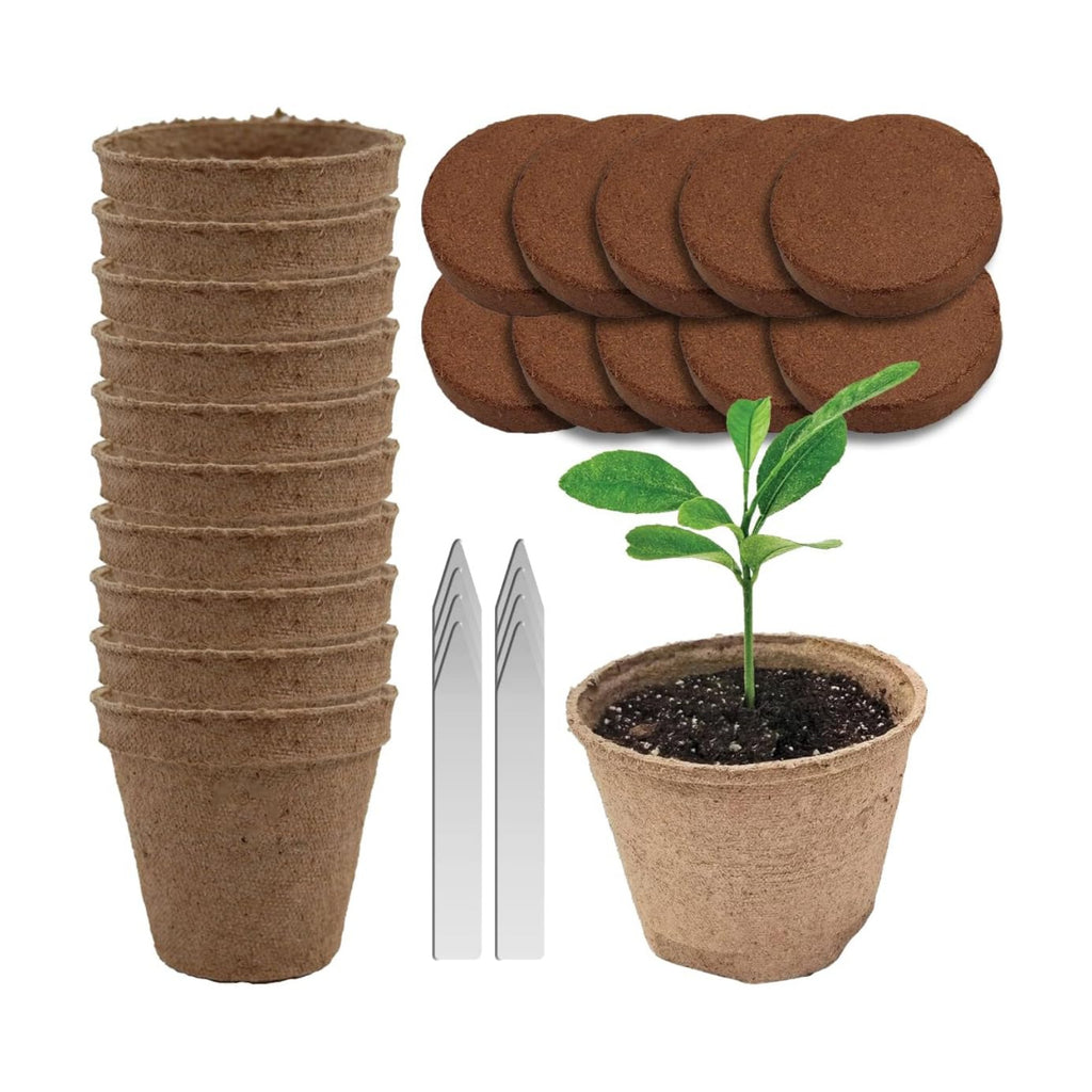 Seed Starter Kit - 10 Peat Pots, Coco Coir Discs & Markers