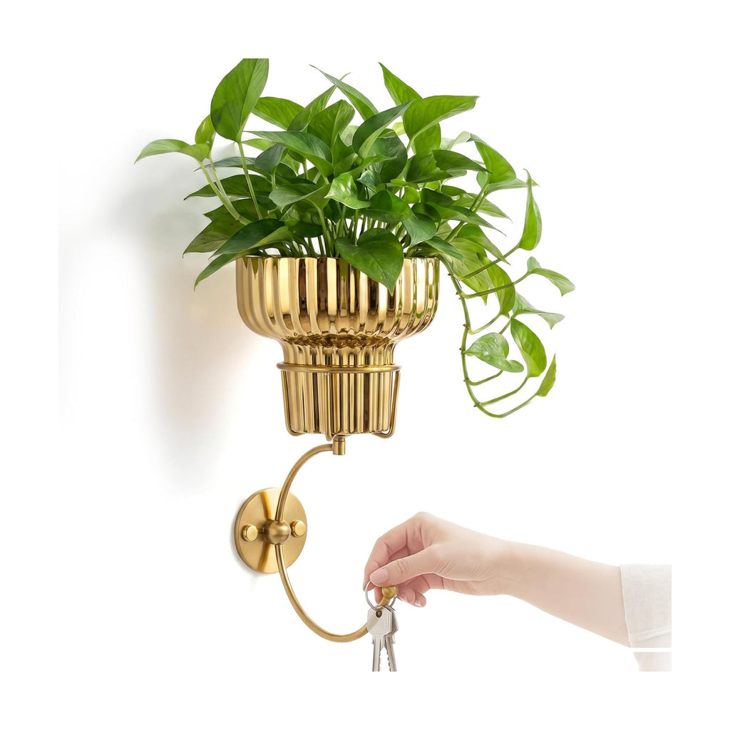 Hanging Plant Wall Vessel for Flowers with Hook, Indoor Outdoor Boho Bathroom Decor Wall Art Planter Mounted Vase (Gold)