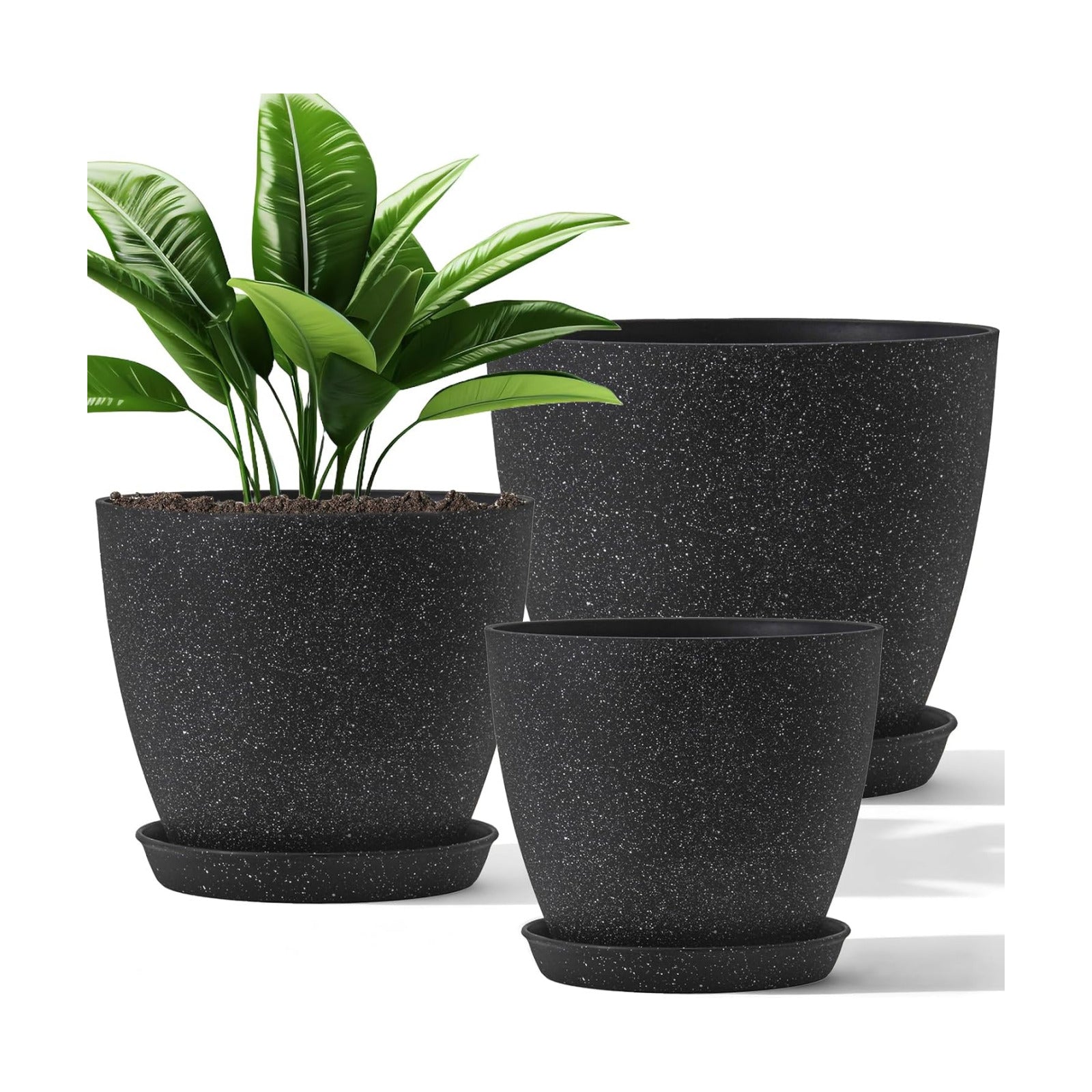 10/9/8 Inch 3 Pack Speckled White Plant Pots with Drainage Holes and Saucers, Indoor Outdoor Decor Planters for