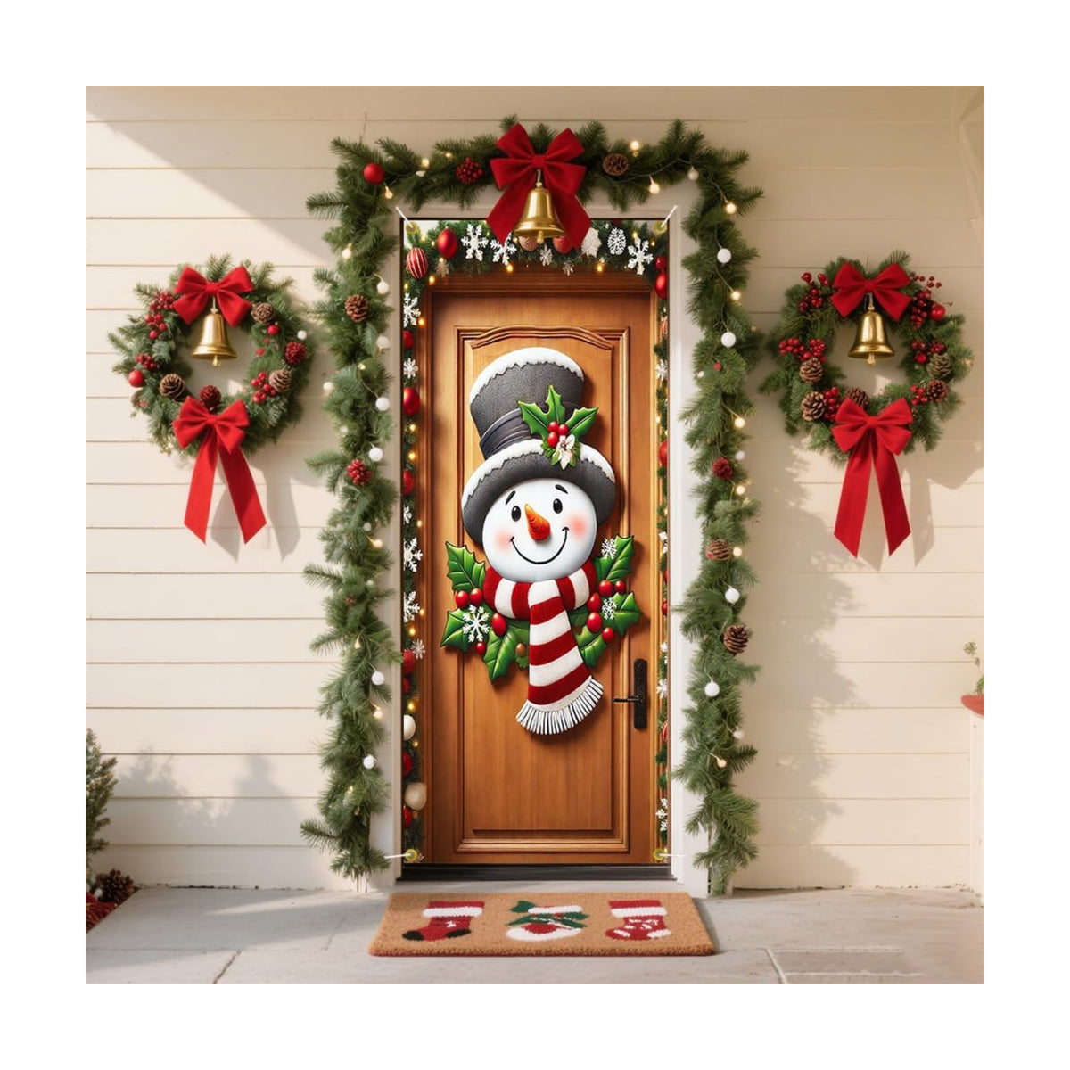 Snowman Face Door Hanger 35x71in Top Hat Holly Pine Frame