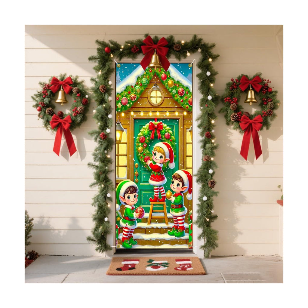 Elf Trio A-Frame Cabin Snowy Christmas Door Cover 35x71in