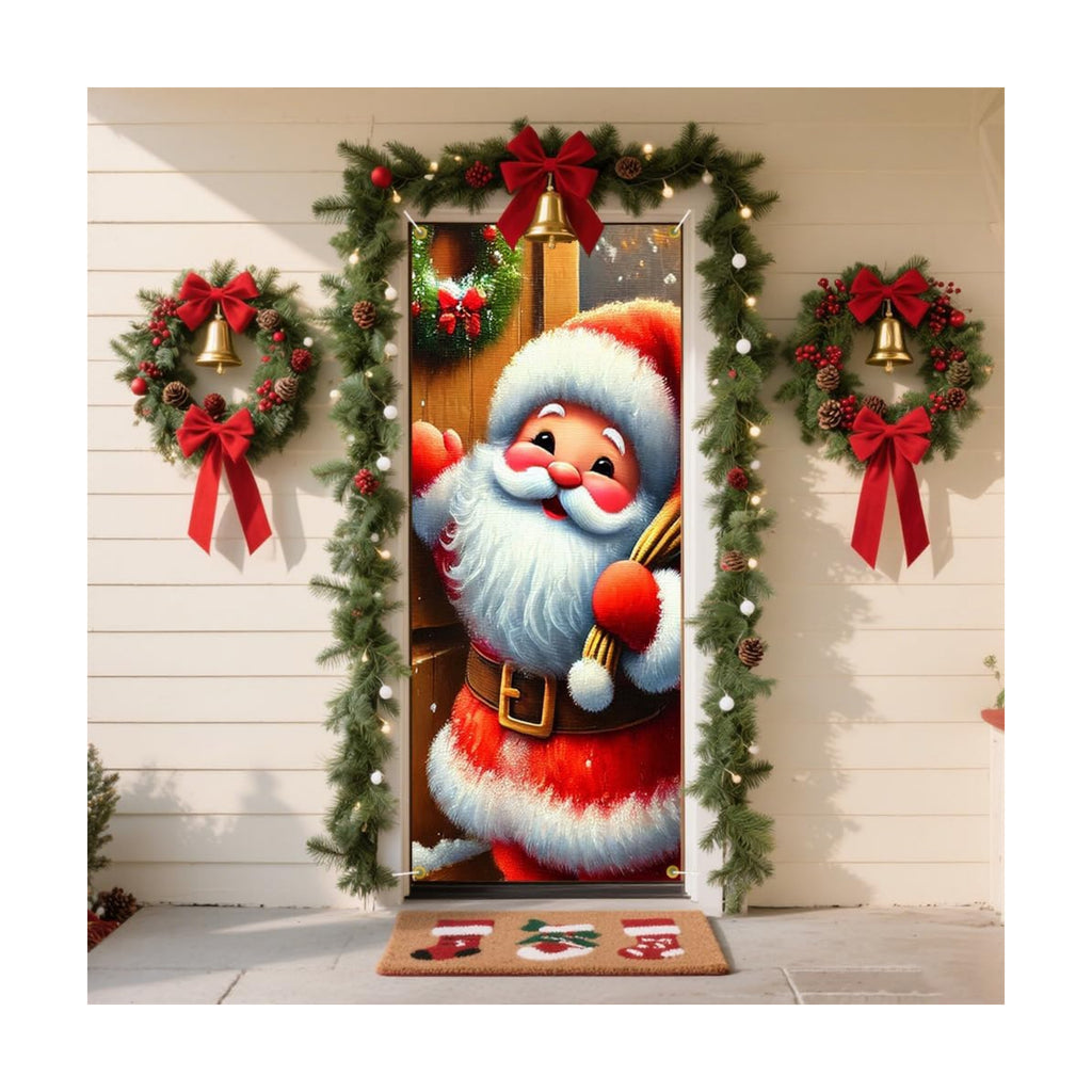 Chibi Santa Knocking Door Gift Sack Lantern Door Cover 35x71in