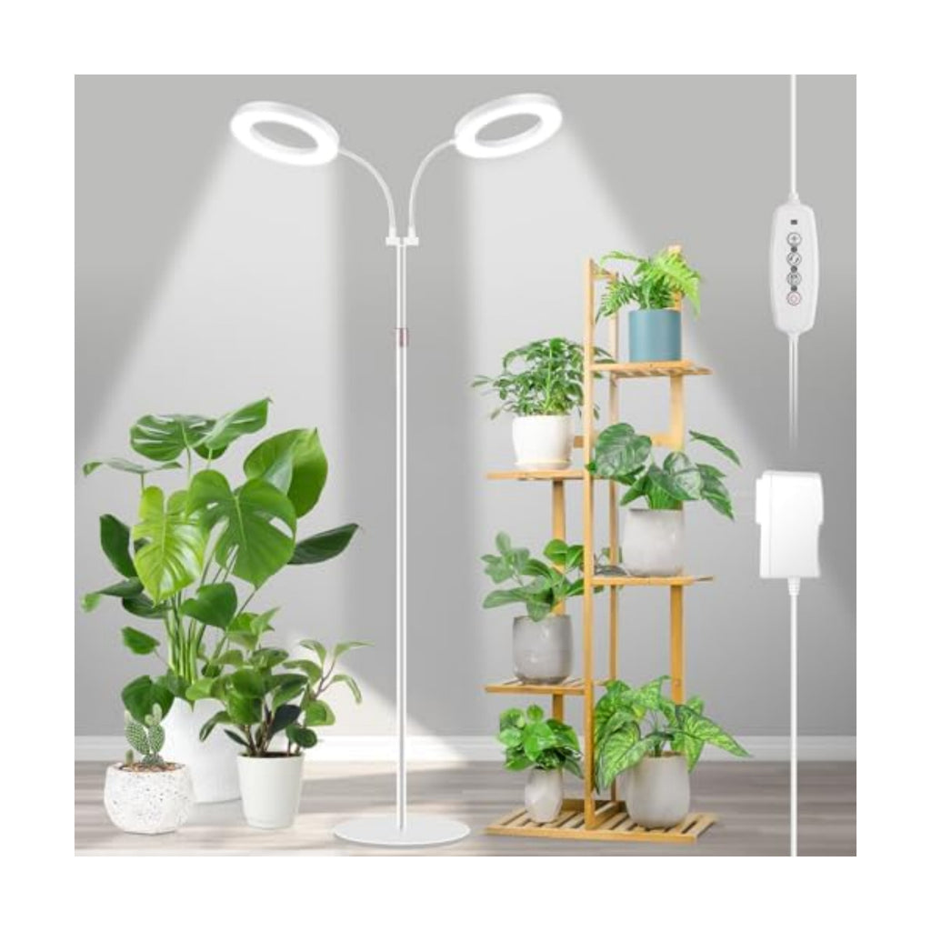 LBW Dual Head Grow Light with Stand for Indoor Plants, Full Spectrum Grow Light for Multiple Tall Plants, Adjustable Height up to 68", Auto Cycle Timer 6/8/12/16H, 5-Level Dimmable, 3 Lighting Modes