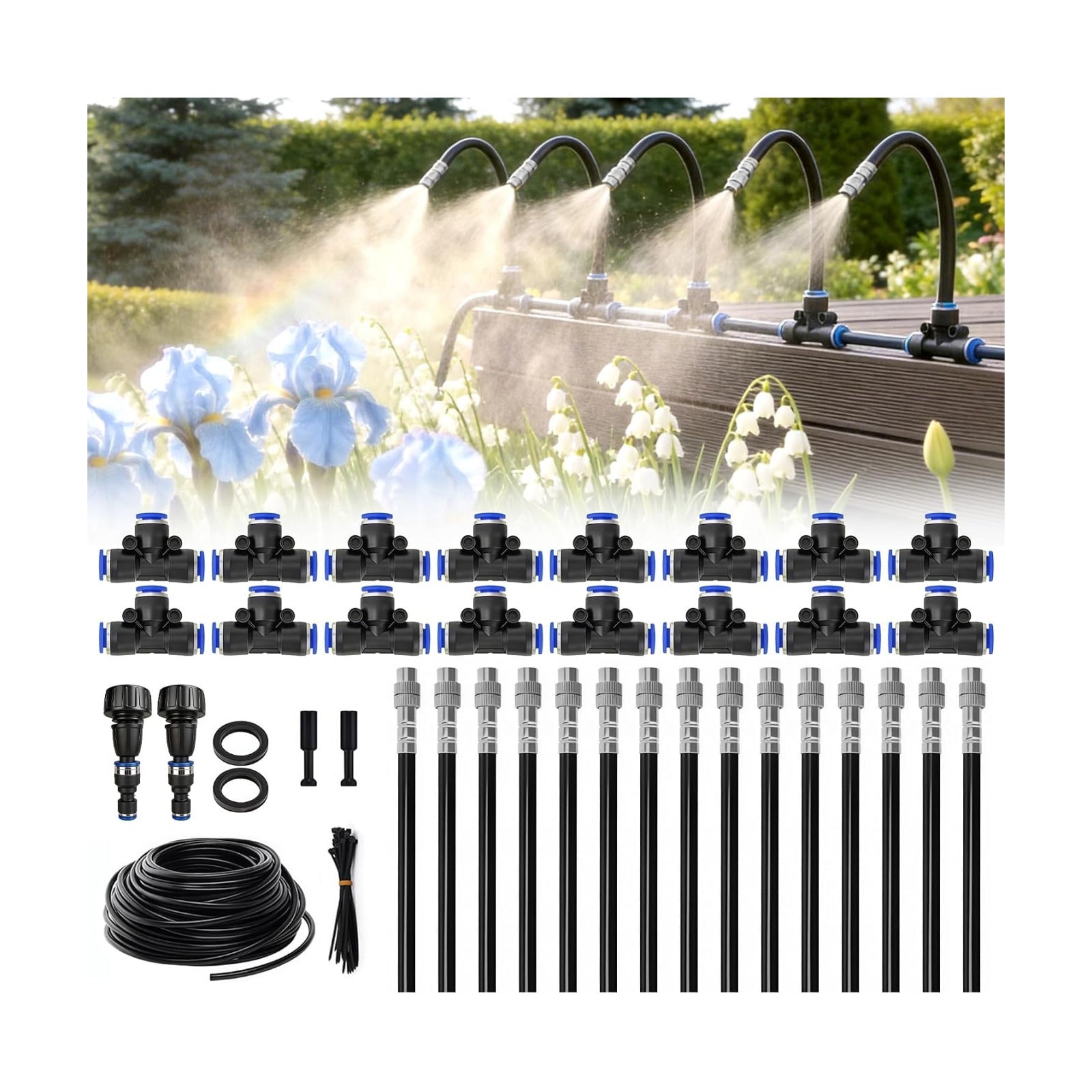 360° Adjustable Drip Irrigation System, 49FT Garden Watering System with 15 Nozzles, Water Sprinkler for Garden, Yard
