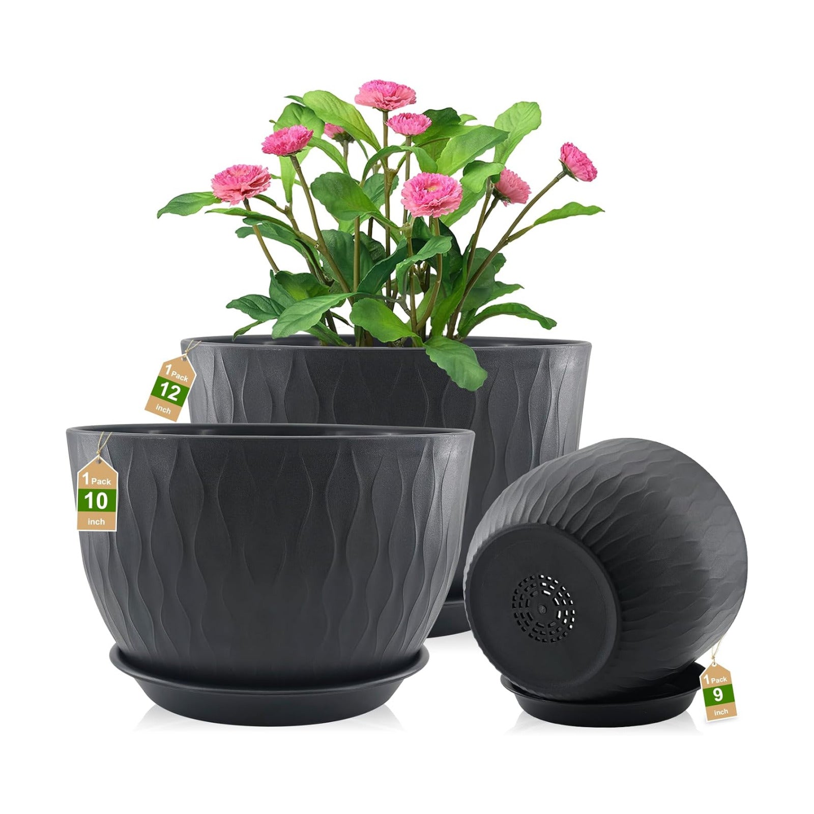 12/10/9 inch Plant Pots, 3 Pack Flower Pots for Outdoor Indoor Garden Plants, Large Planters with Multi Mesh Drainage