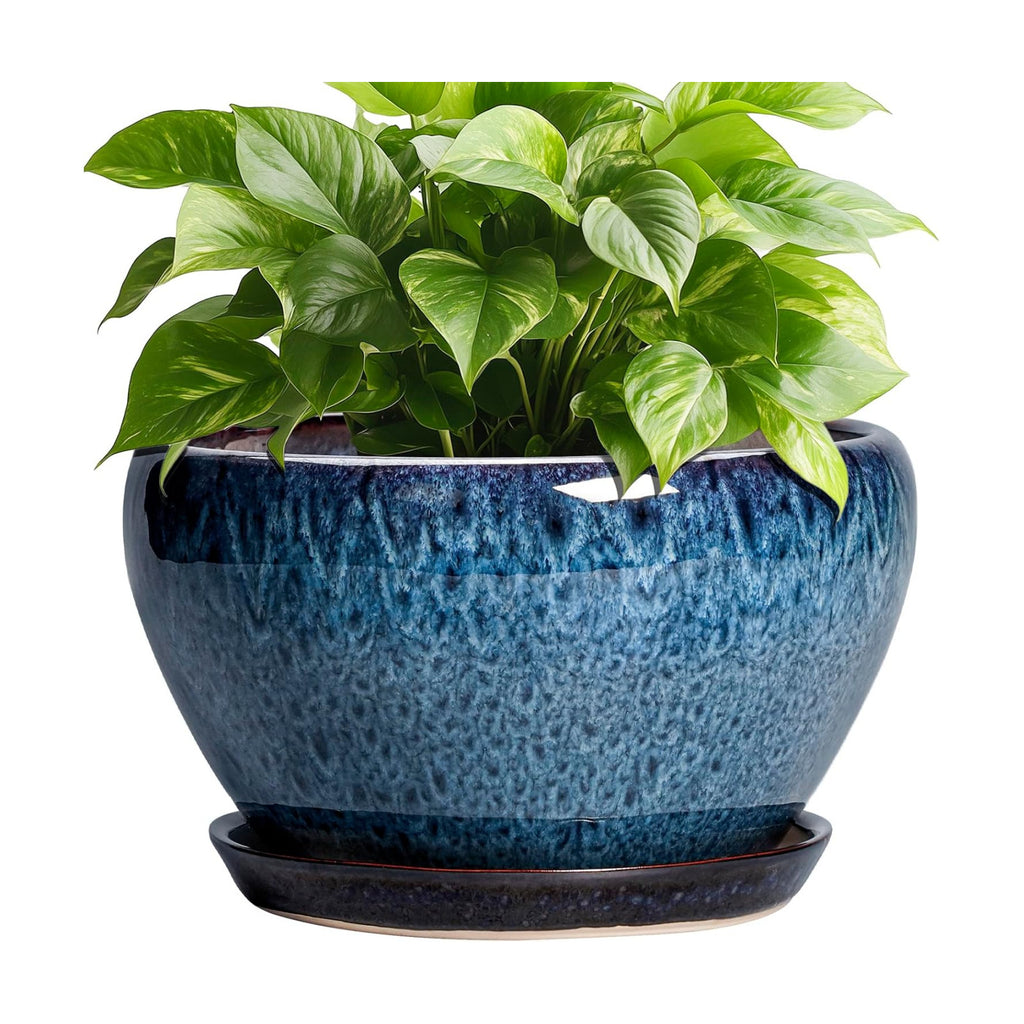 Ceramicfor Ceramic Pots for Plants - 9 Inch Plant Pot Indoor with Drainage Hole and Saucer, Ceramic Planters for Outdoor Plants, Round Modern Flower Pot, Housewarming Gifts, Home Decor, Blue