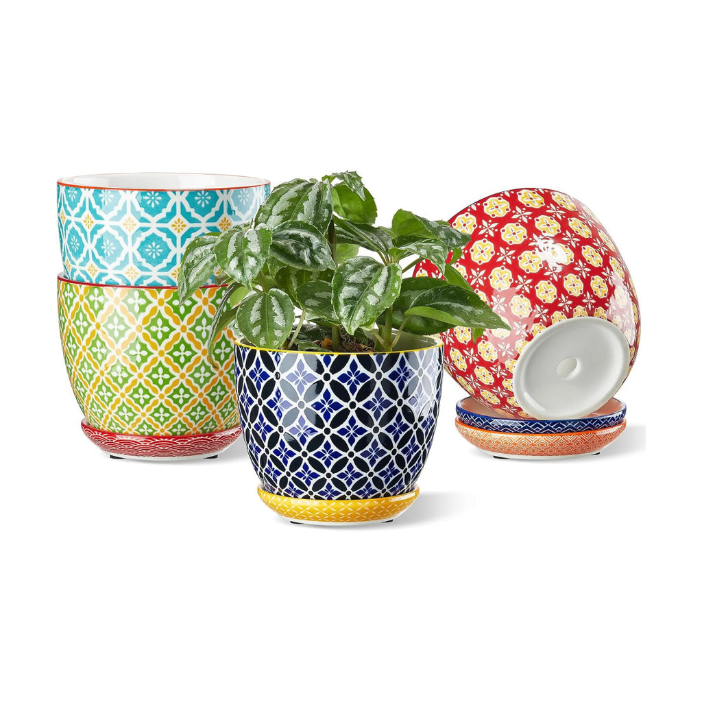 Metahom Ceramic Plant Pots, 4.9 Inch Flower Pots with Drainage Hole & Saucer, Colorful Planter Pots for Houseplants