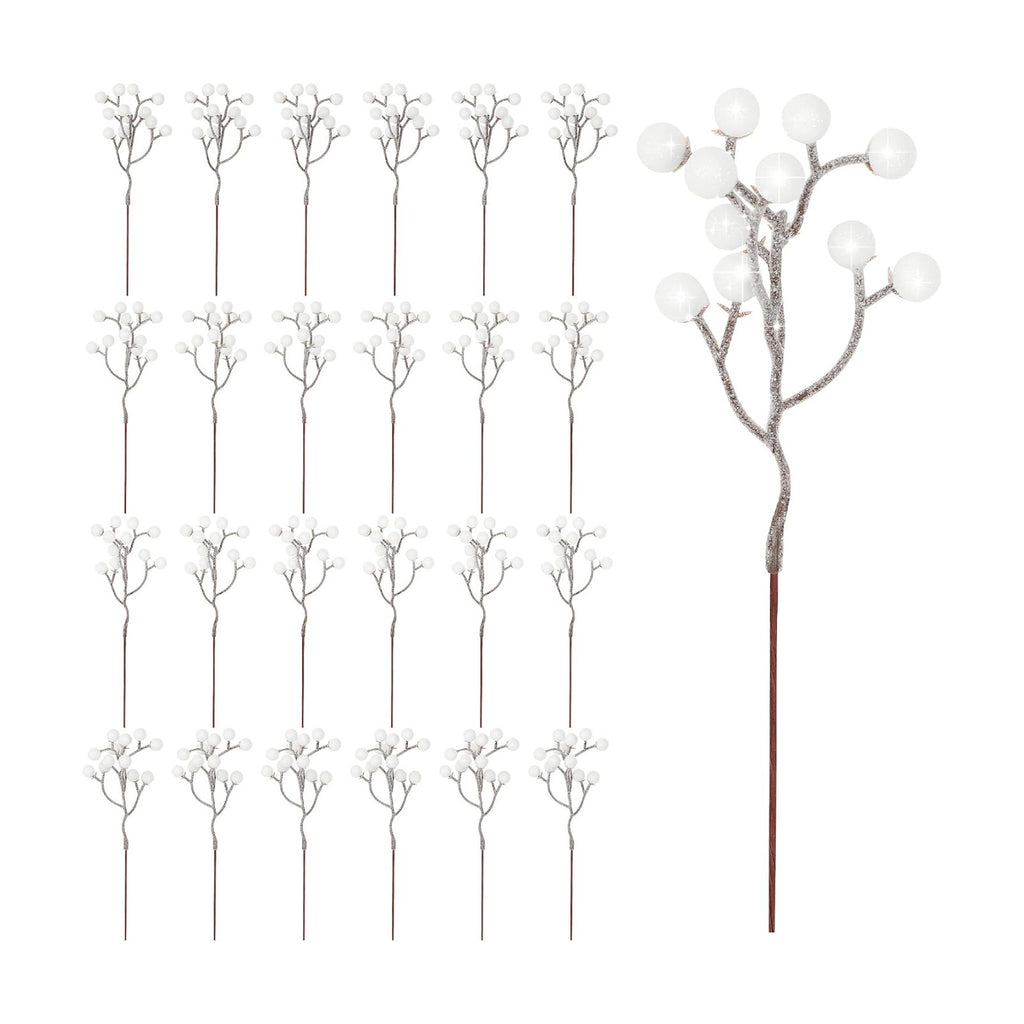 24PCS White Berry Stems 7.08in Christmas Tree Decor Faux Picks Glitter