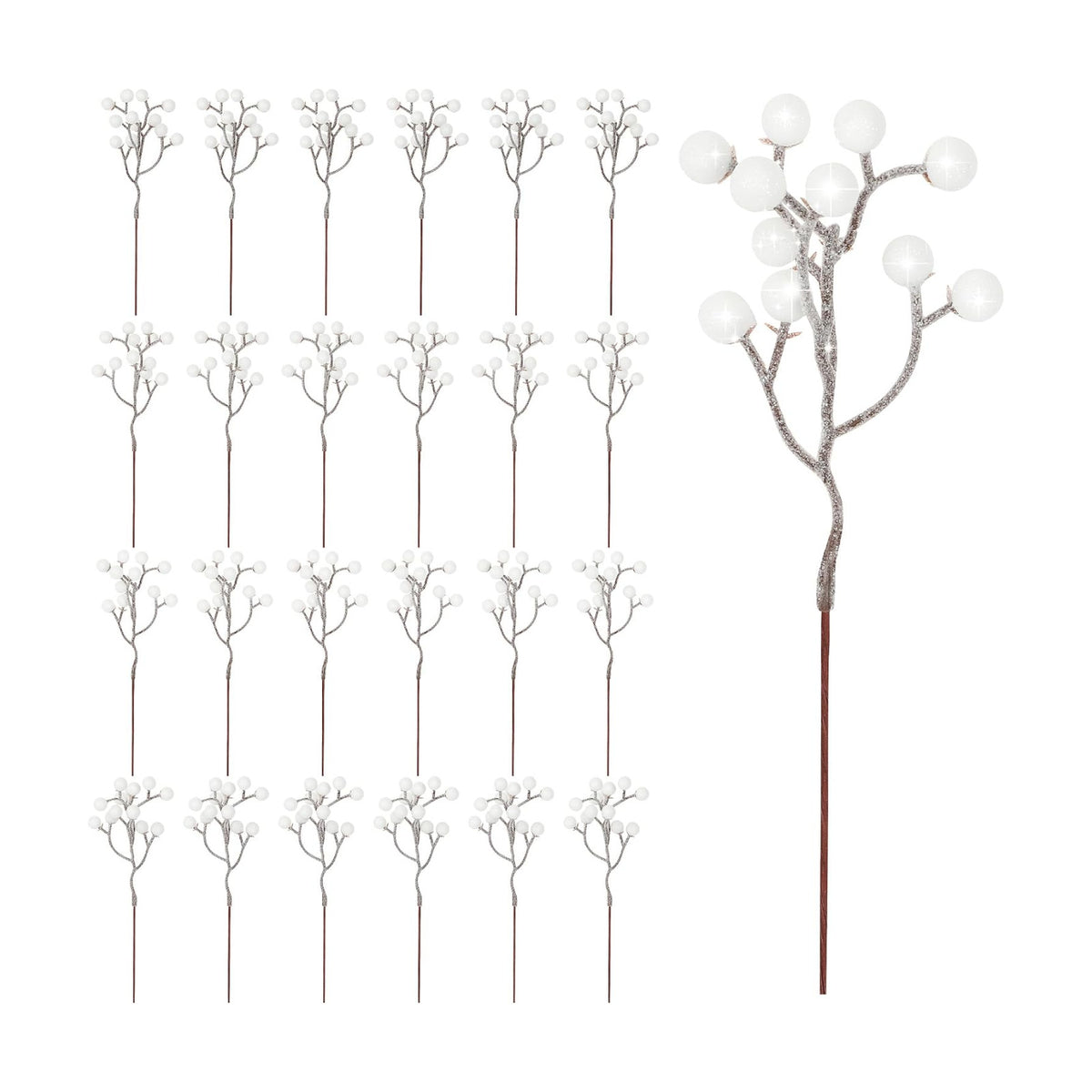 24PCS White Berry Stems 7.08in Christmas Tree Decor Faux Picks Glitter