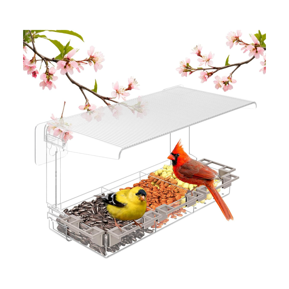 Clear Window Bird Feeder Outdoors - Bird Feeder for Viewing with 5 Perching Stands, Wavy roof, Self-Adhesive Hooks, Drain Holes and Removable Tray, as a Birdhouse, Garden Decor