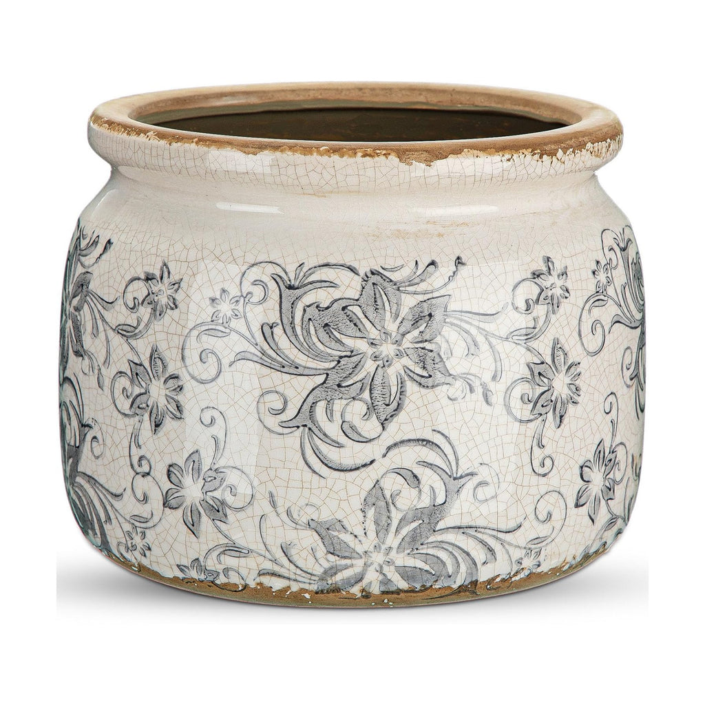 7.7" Large Vintage Ceramic Plant Pot with Baroque Floral Pattern Beige Gray Rustic Planter with Ice Crackle Glaze &