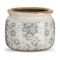 7.7" Large Vintage Ceramic Plant Pot with Baroque Floral Pattern Beige Gray Rustic Planter with Ice Crackle Glaze &