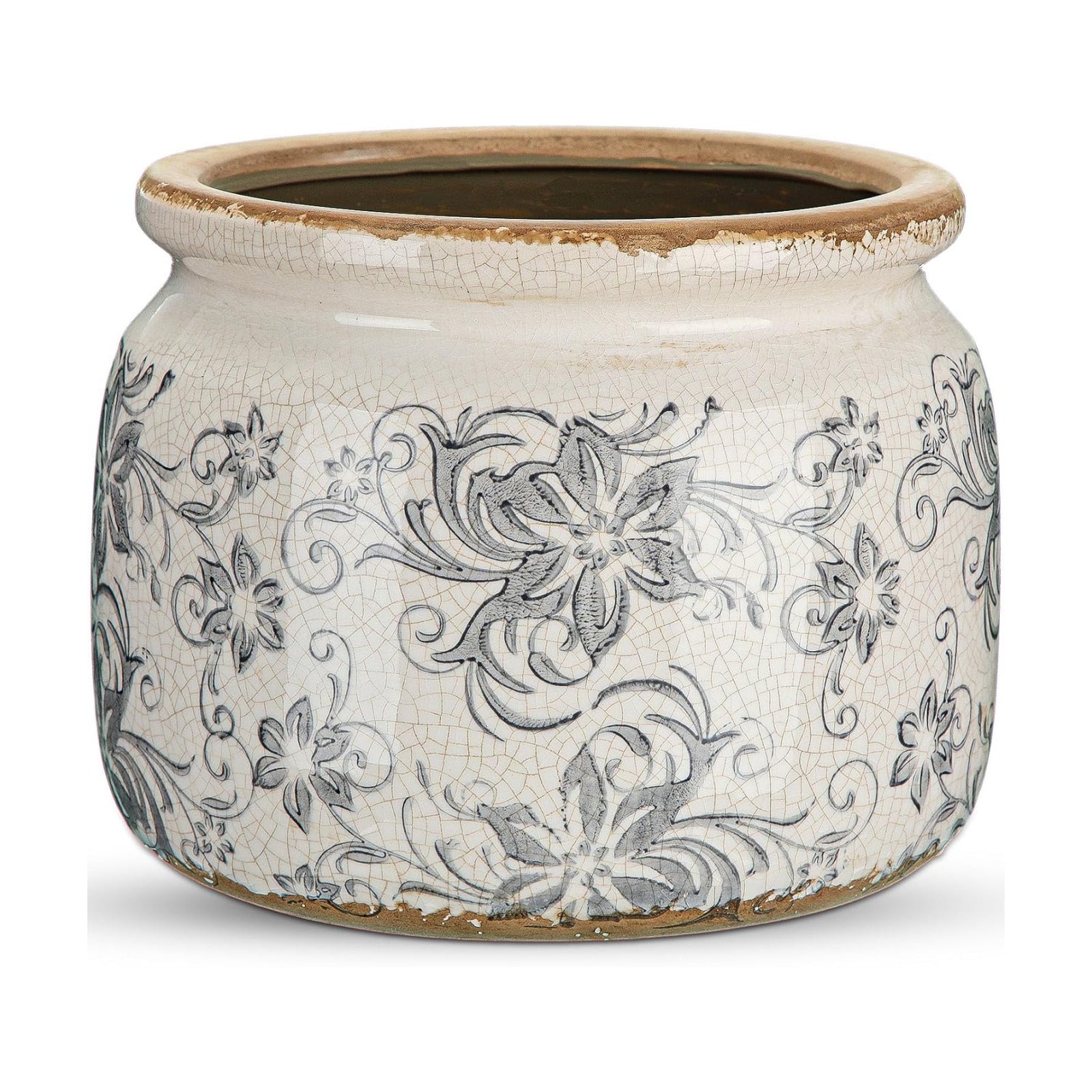 7.7" Large Vintage Ceramic Plant Pot with Baroque Floral Pattern Beige Gray Rustic Planter with Ice Crackle Glaze &