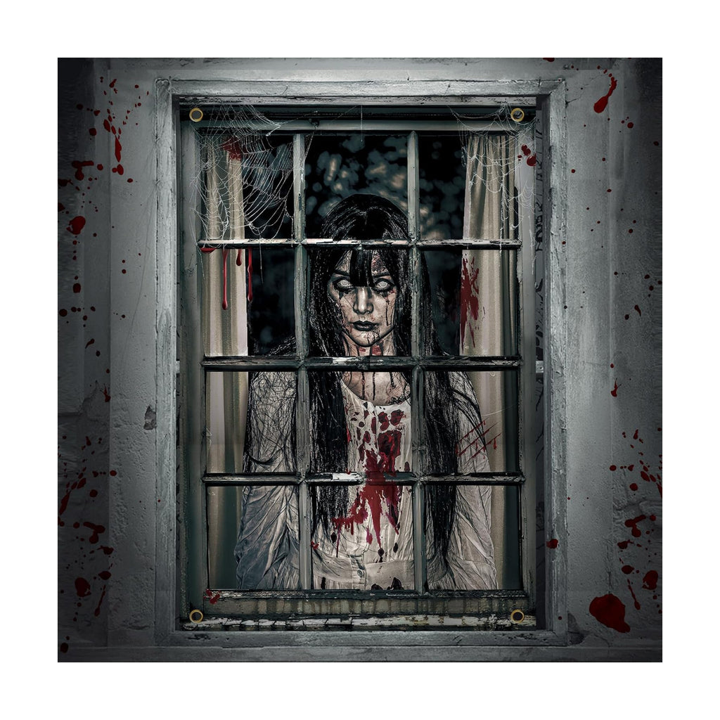 Halloween Ghost Curtains Decorations, Halloween Window Silhouettes Scary Screen- Little Girl Window Cover Decor for Indoor Wall Outdoor Party Decorations