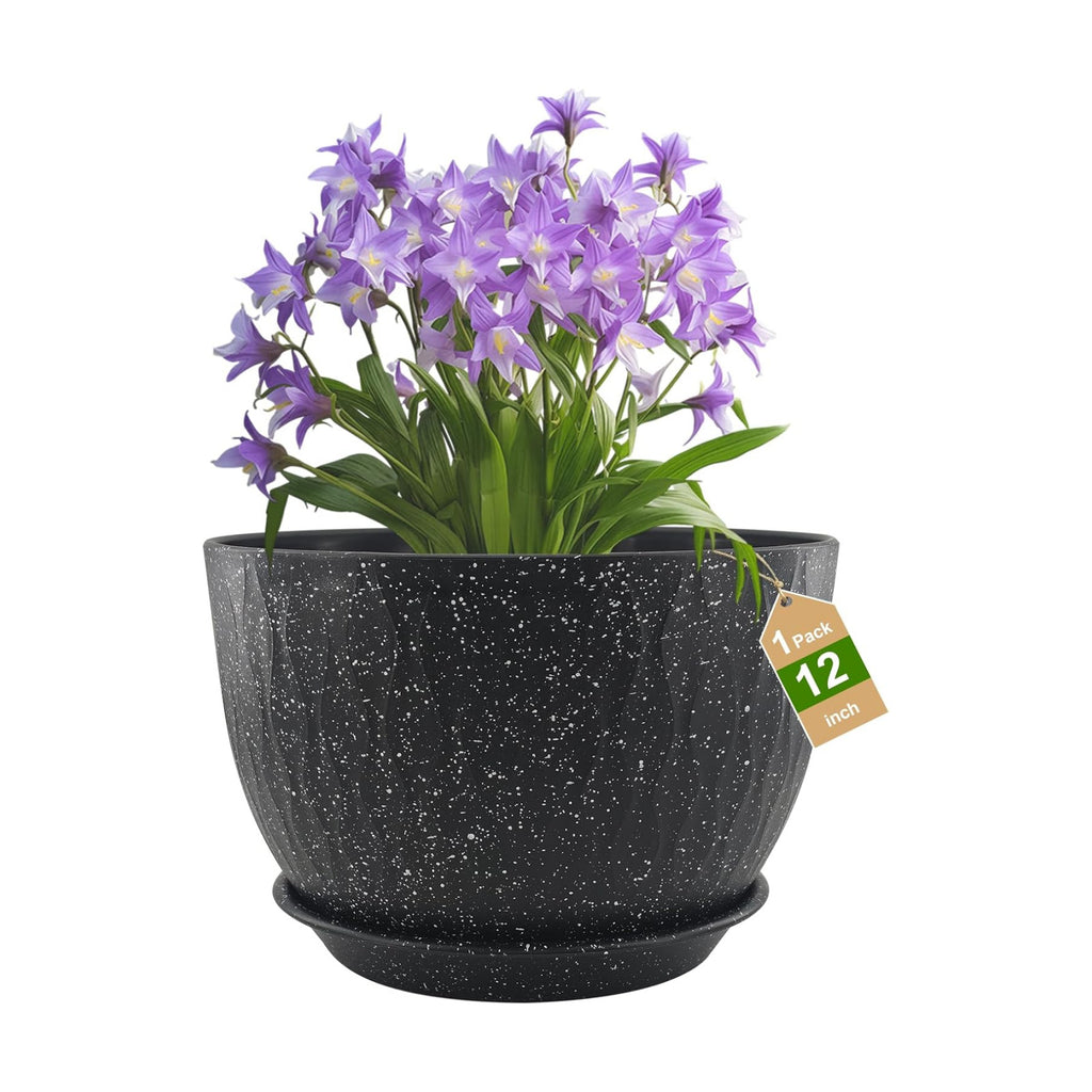 12 inch Large Plant Pots, Flower Pots with Multi-Mesh Drainage Holes and Saucer, Plastic Planters for Indoor and