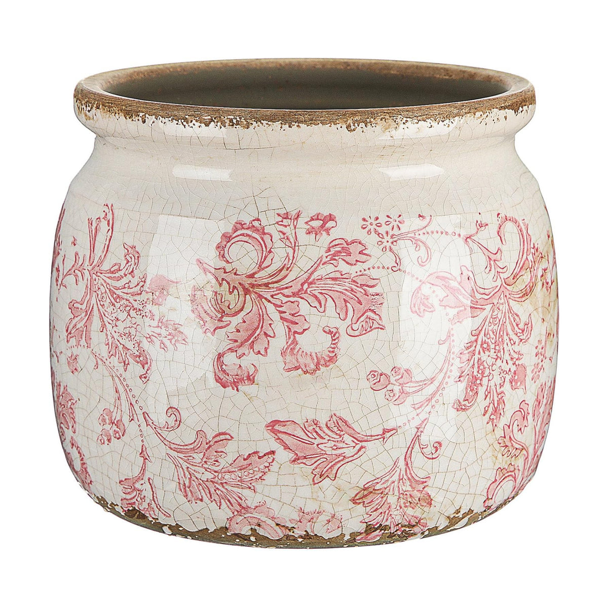 5.9'' Vintage Ceramic Planter, Ice Crack Glaze Pink Floral Pot