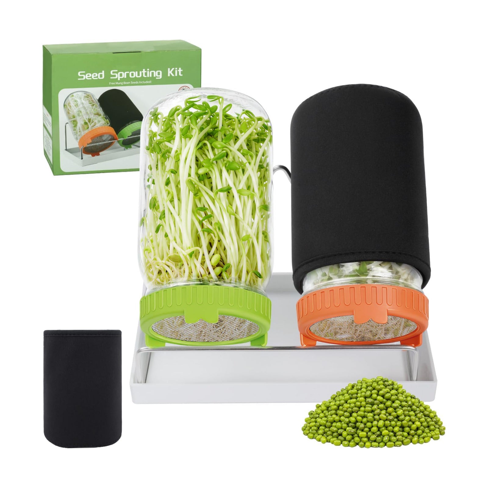 Seed Sprouting Kit with Mung Beans 80g, 2 Large Wide Mouth Mason Jars with Sprout Lids, Blackout Sleeves, Drain Tray