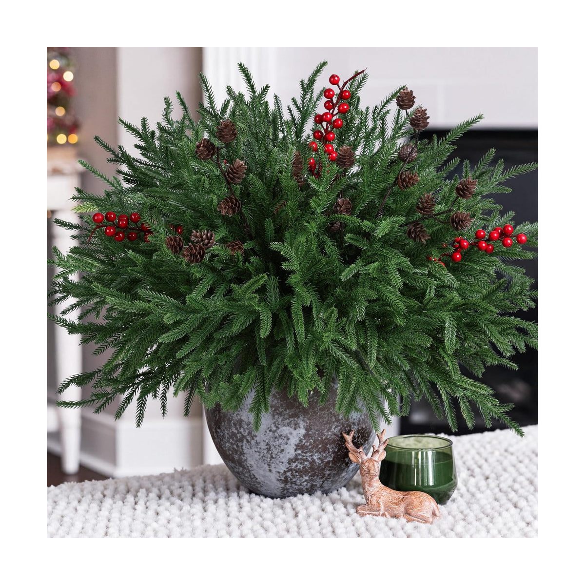 HyeFlora 17 PCS Christmas Norfolk Pine Stems with Small Pinecones and Red Berries Branches,19 Inch Real Touch Artificial DIY Greenery Pine Needles, Faux Cedar Pines Picks for Wreath Garland Xmas Décor