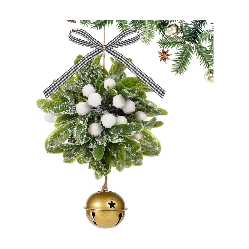 Forwe Mistletoe Christmas Decor Artificial Mistletoe Kissing Ball Ornament with Bell Bow Berries Hanging Christmas Decorations for Doorway Arch Light Fixture Xmas Tree (White)