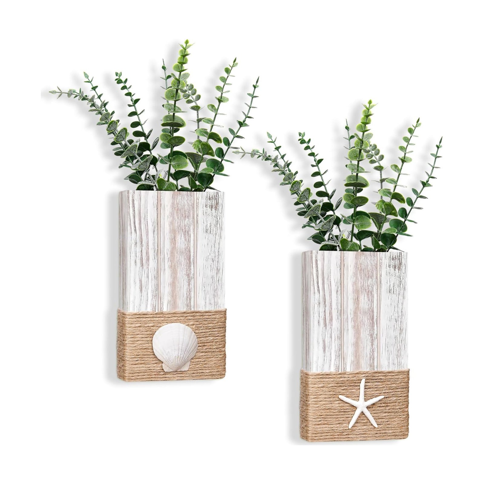 AceOrbit 2 Pcs Beach Rustic Wood Wall Planter Vase Beach Room Decor Nautical Coastal Farmhouse Wall Hanging Decor