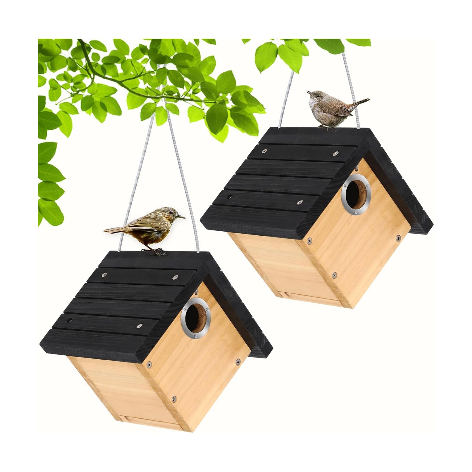 Gtongoko Hanging Wren Bird Houses for Outside with 1-1/8" Entrance 2 Pack | Wood Nesting Box with Metal predator guard