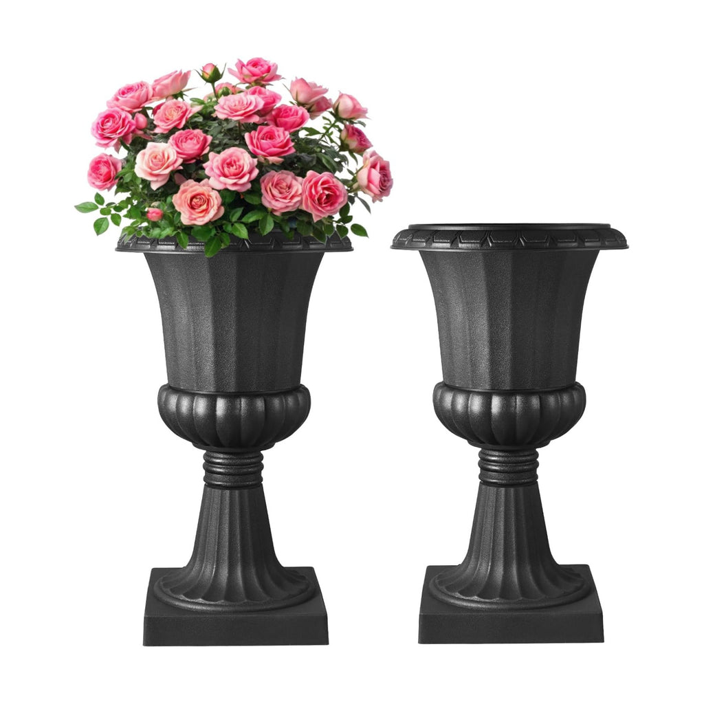 VEVOR Plastic Urn Planters, 15.8 x 26.4 Inch, 2 Pack Black Classic Flower Pots Front Porch Planters, Indoor & Outdoor
