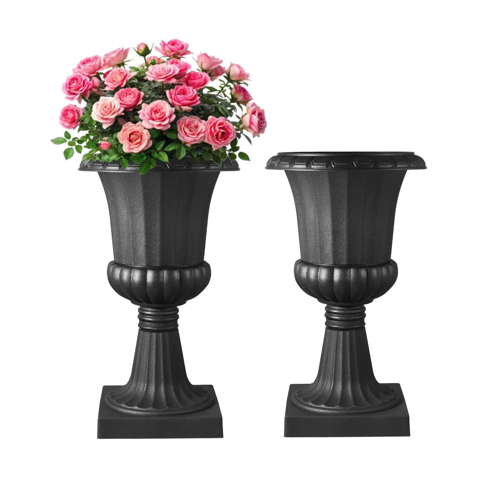 VEVOR Plastic Urn Planters, 15.8 x 26.4 Inch, 2 Pack Black Classic Flower Pots Front Porch Planters, Indoor & Outdoor