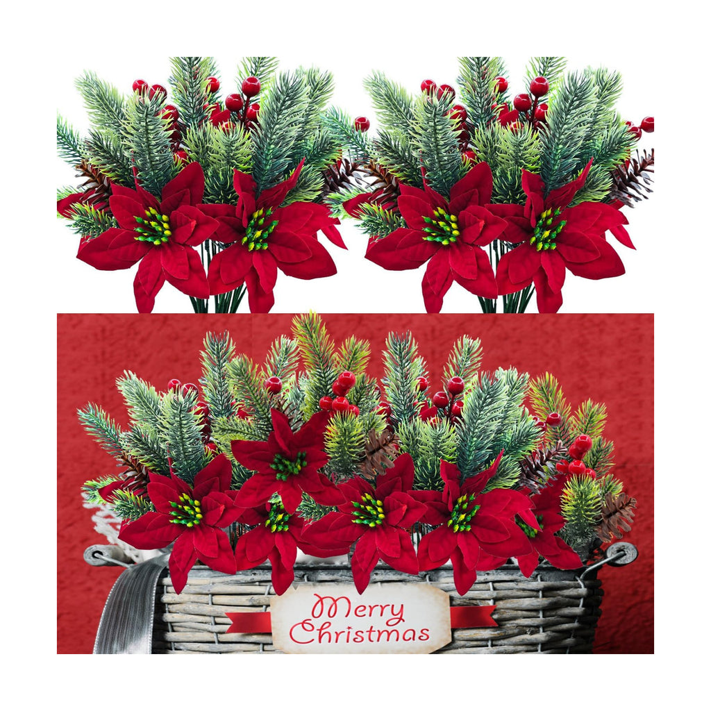 6PCS Artificial Christmas Poinsettia Flowers Fake Poinsettias Pine Cones Red Berry Picks Stems Holly Holiday for Xmas Tree Party Decoration DIY Indoor Outdoor Planters Table Vase Centerpieces