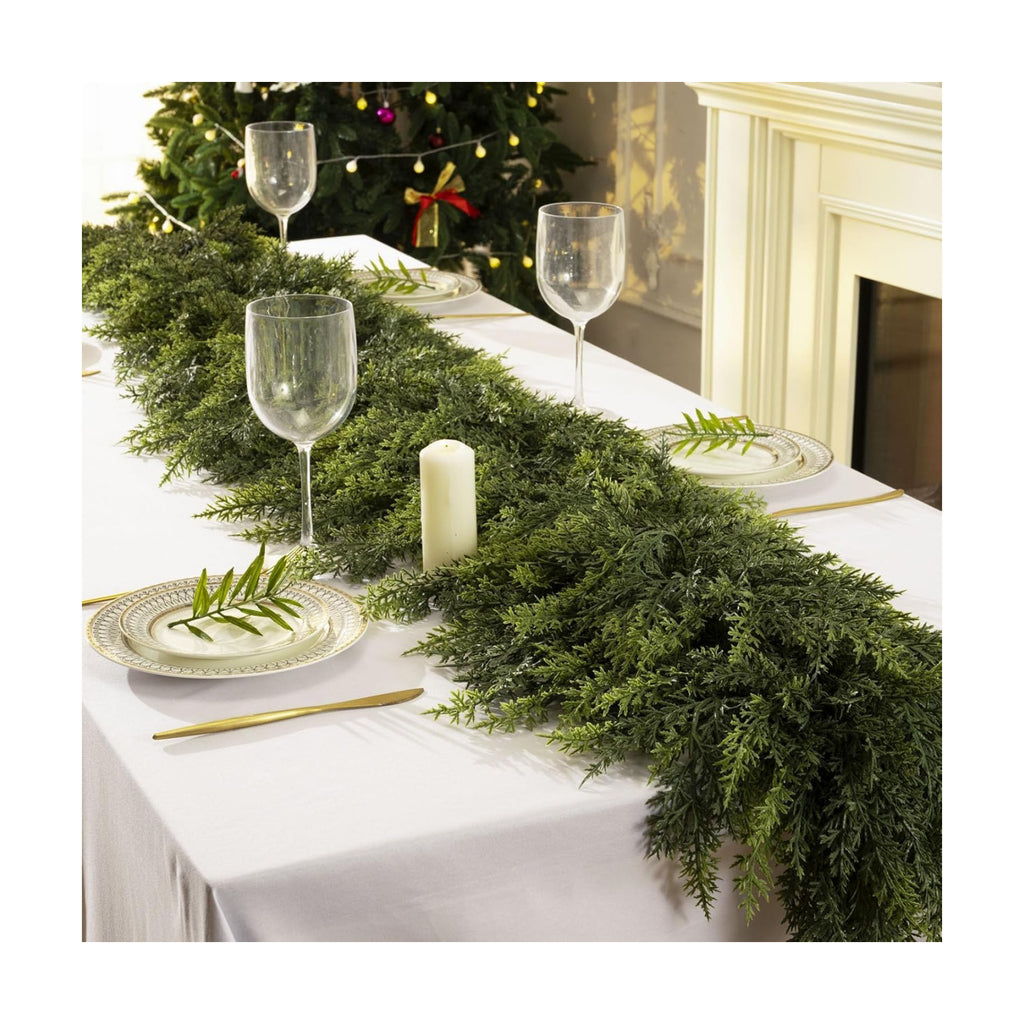 2 Pcs 9 Feet Christmas Cedar Garland - Thick & Lush Realistic Artificial Green Faux Cedar Pine Needles Garland for Christmas Winter Home Mantel Fireplace Holiday Party Decor