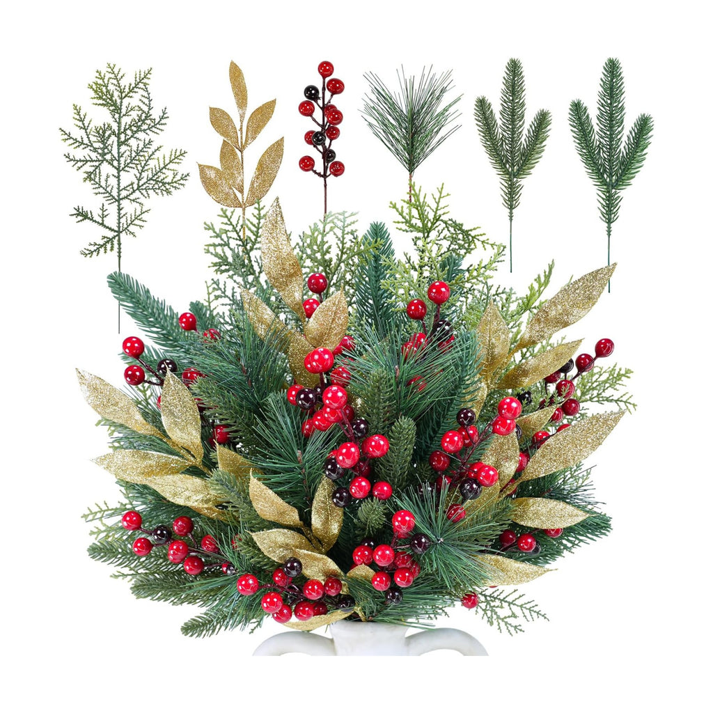 Winlyn 70 Pcs Assorted Christmas Greenery Stems Artificial Pine Branches Evergreen Cedar Picks Red Berry Stems Pine Needles Glitter Leaf Sprays 5.9"-12.7" for Holiday Trees Floral Arrangements Wreaths
