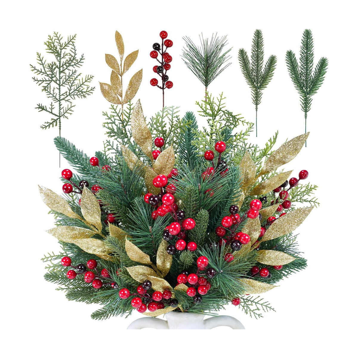 Winlyn 70 Pcs Assorted Christmas Greenery Stems Artificial Pine Branches Evergreen Cedar Picks Red Berry Stems Pine Needles Glitter Leaf Sprays 5.9"-12.7" for Holiday Trees Floral Arrangements Wreaths