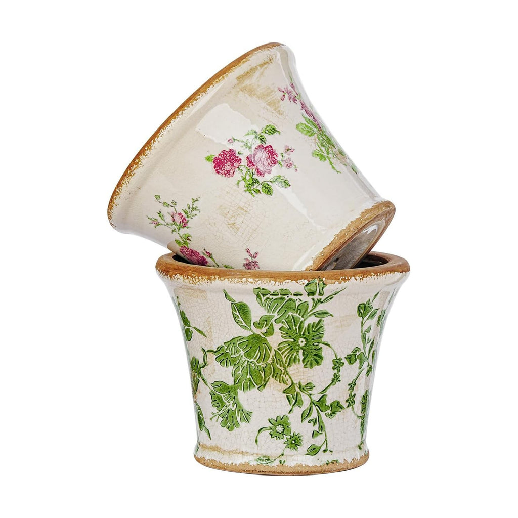 Sungmor Ceramic Flower Pots - 2 Pack, Crackle Glaze & Floral Prints Design | Rustic Farmhouse Planters with Drainage