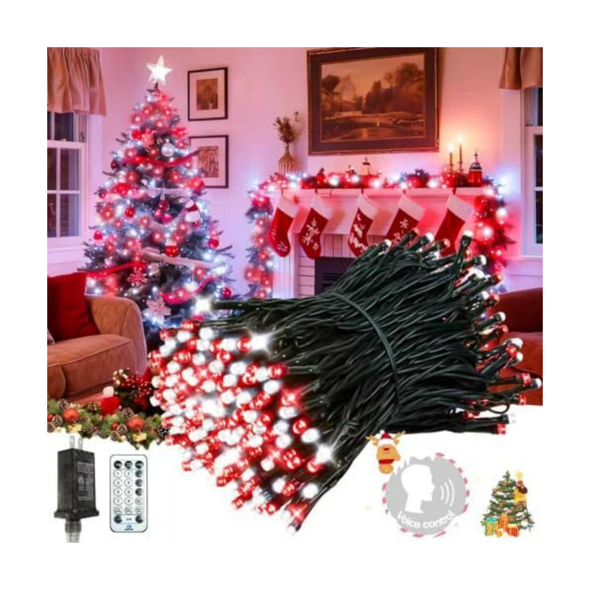 Voice Control 88Ft 240LED Christmas String Lights with Remote, Red White