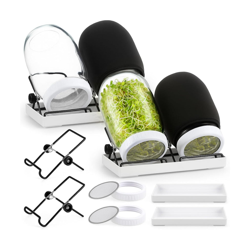 LemonRoad 18 Pcs Seed Sprouting Kit with 1000 ml Mason Jars and Blackout Sleeve, Separate Bracket 316 Stainless Steel