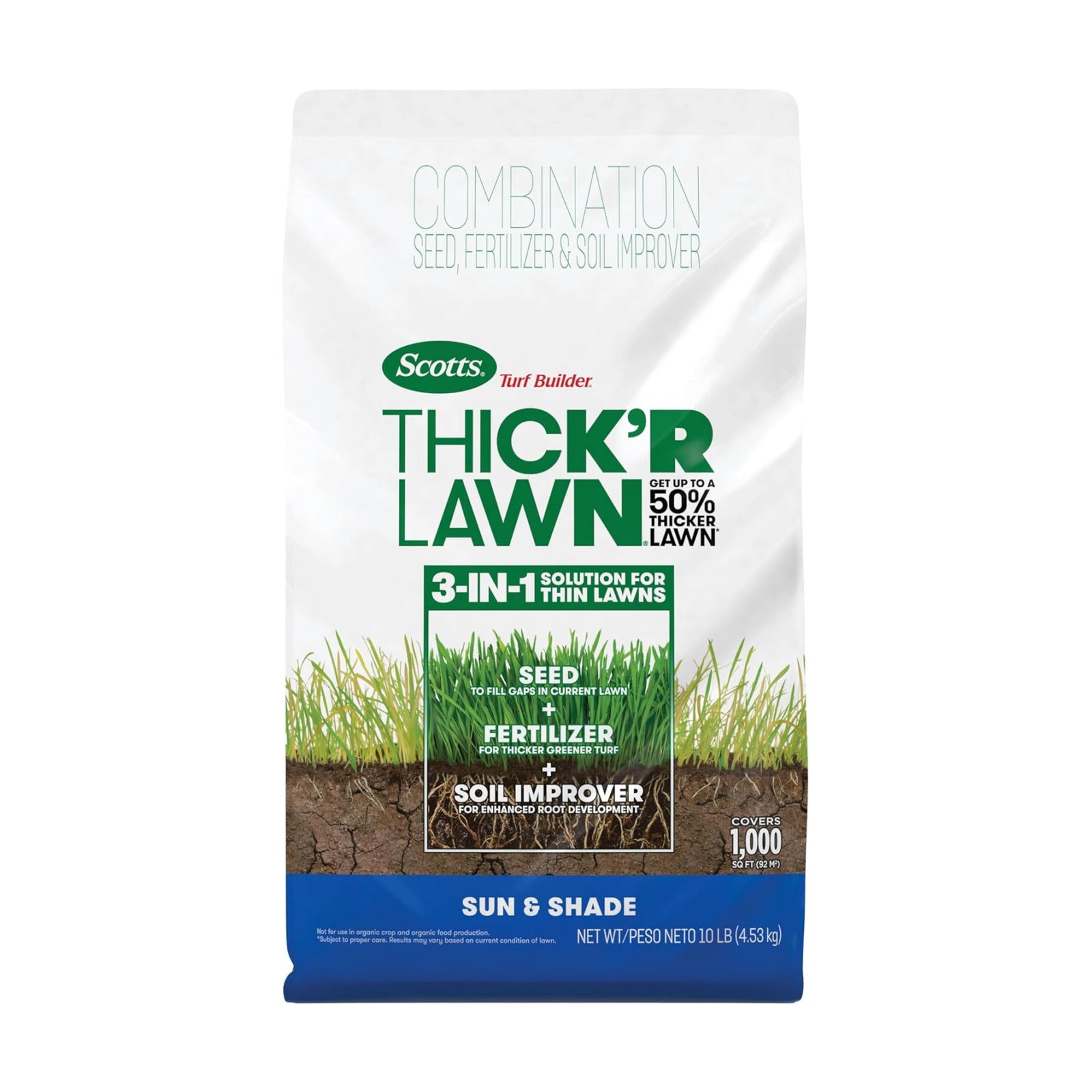 Scotts Turf Builder Thick'r Lawn Sun & Shade, 10 lbs. | Combination Grass Seed, Lawn Fertilizer and Soil Improver