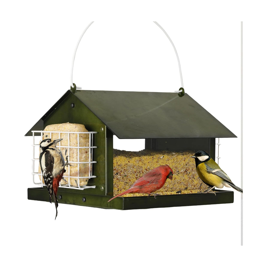 Solution4Patio Bird Feeders for Outdoors Hanging, All Metal, Double Suet Cake and Large Capacity, Hopper Tray & Weatherproof for Finch, Cardinal & Chickadee (Green)