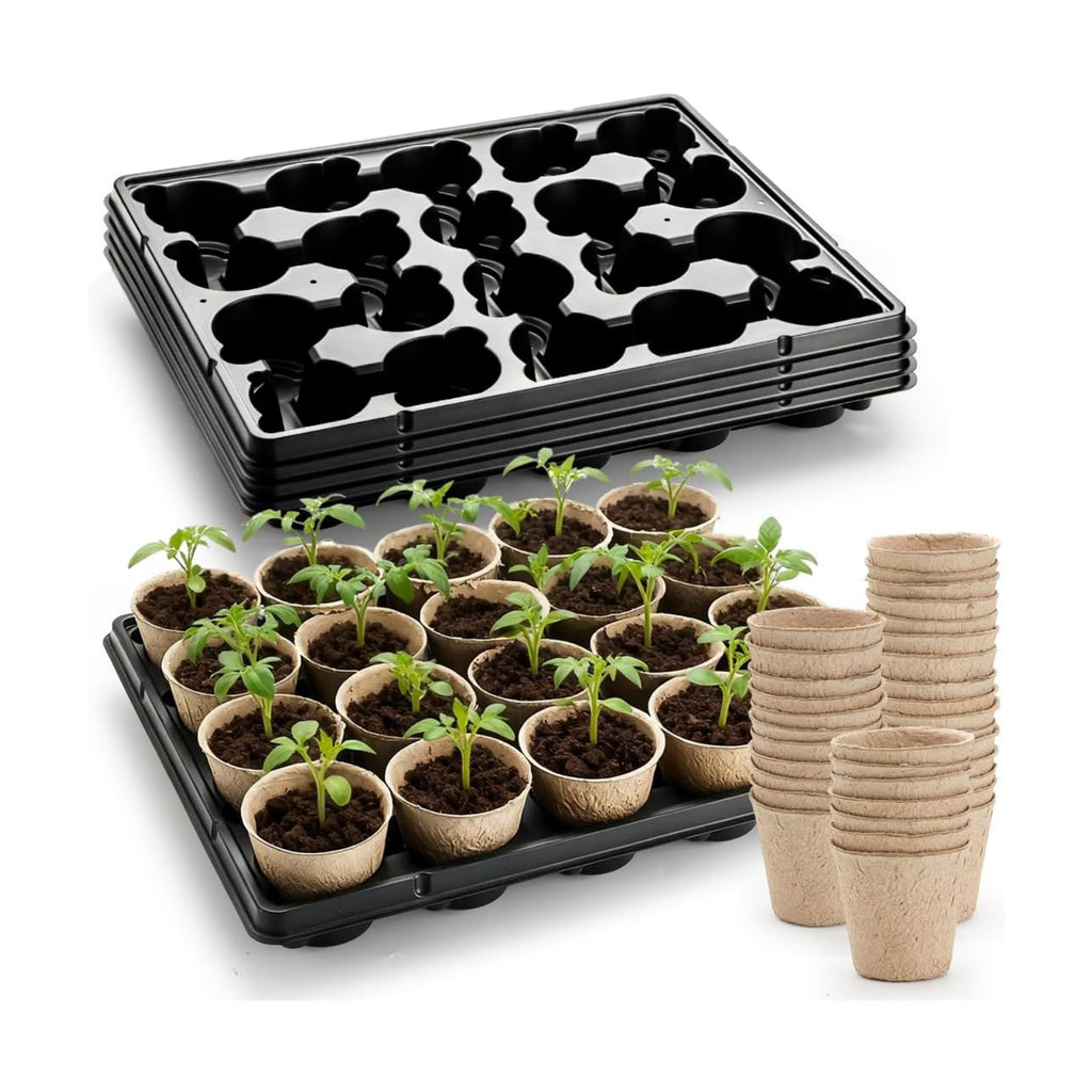 RooTrimmer 3.15 Inch Peat Pots 100 Pcs with 20 Cell Seedling Trays 5 Pcs, Biodegradable Seed Starter Pots with