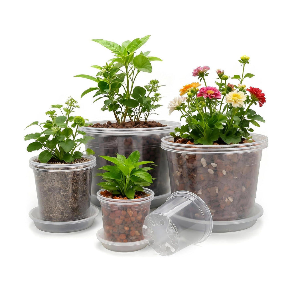 10/8/6/4 Inch Clear Nursery Pots with Drainage Holes and Saucers, 12 Pack Large Clear Pots for Plants Variety Pack