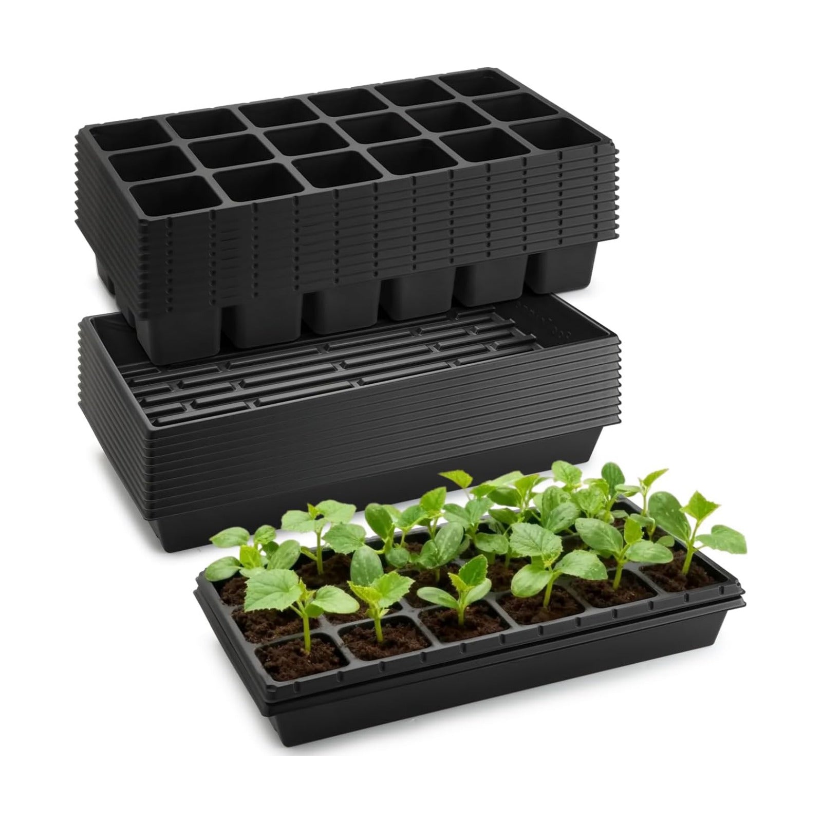 RooTrimmer 3 Inch Square Pots 2.9" Deep 18 Cell Seedling Trays with Water Collection Nursery 1020 Trays No Holes for