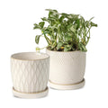 Nihow Ceramic Plant Pots with Drainage Hole & Saucer, 4.75 Inch, White-3 | Small,Embossed Design, For Succulent