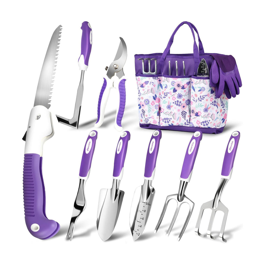 MelonArt Garden Tool Set, 10 Pcs Heavy Duty Gardening Tool Kit Women Garden Gift Set Aluminum with Non Slip Ergonomic