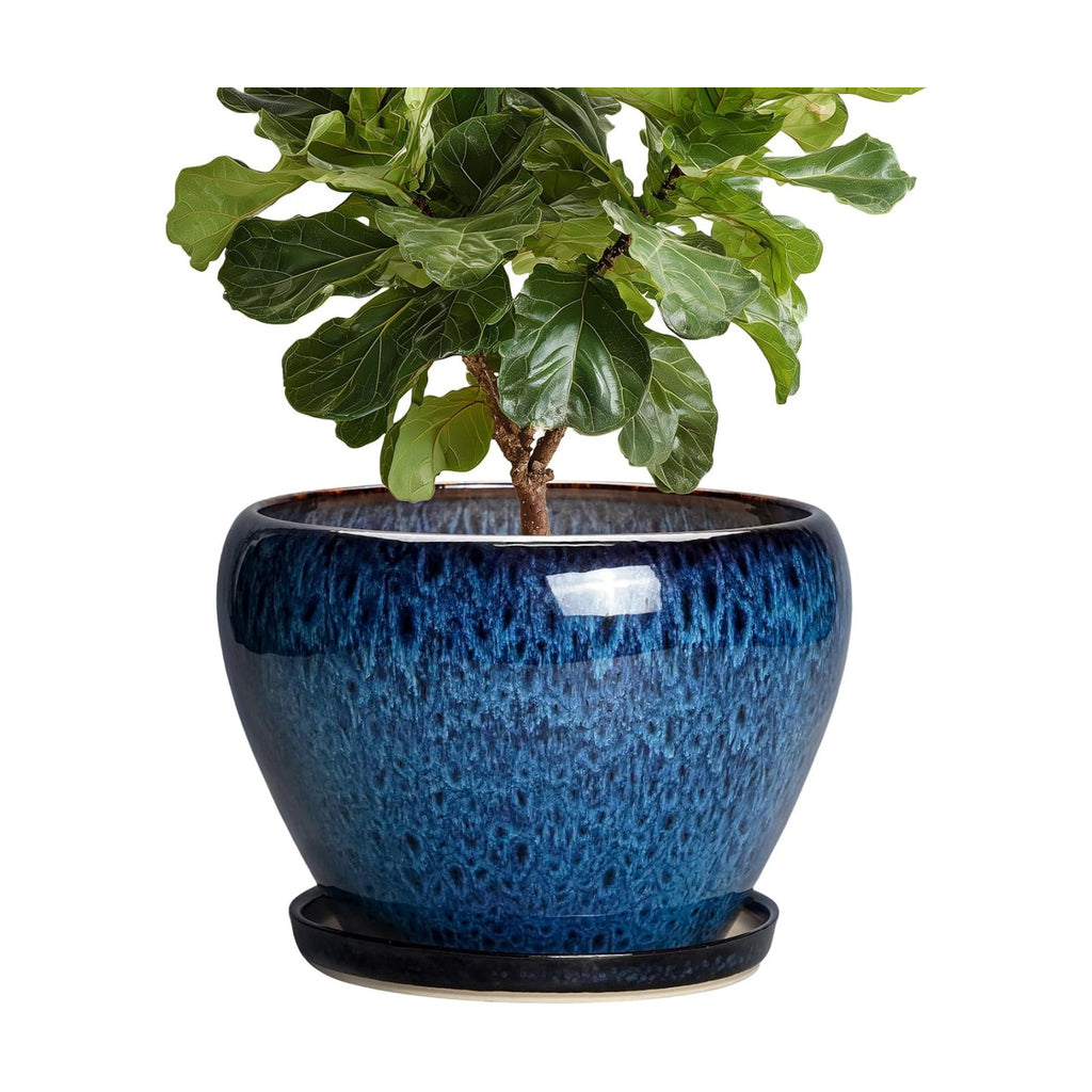 10 Inch Plant Pot, Ceramic Planter with Drainage and Saucer, Blue | Round Planters for Indoor Plants, Modern Planter