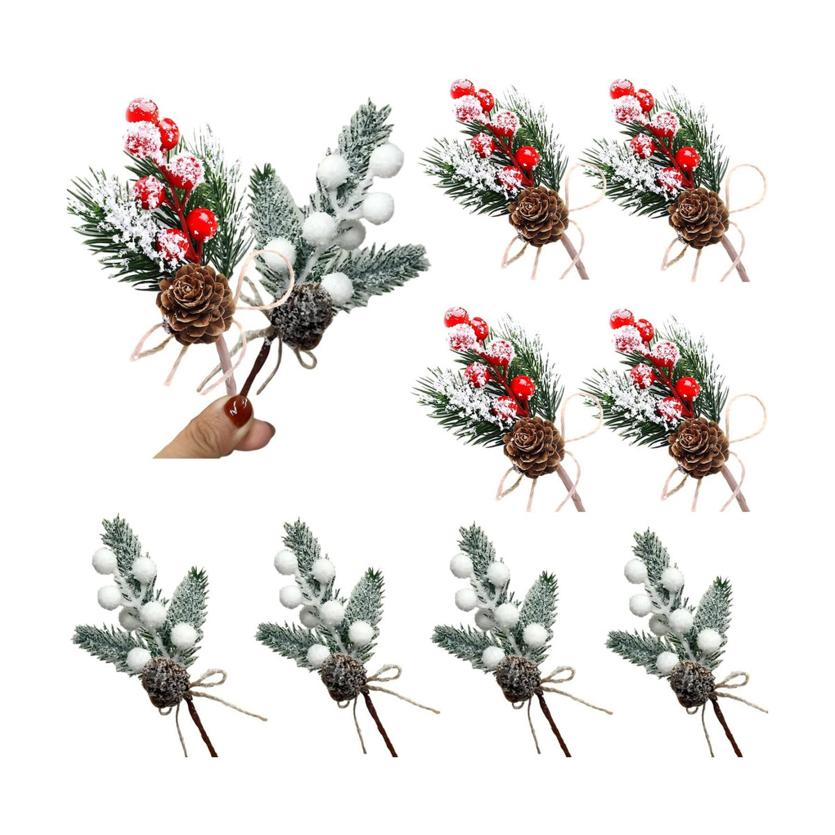 Artificial Pine Cones Picks with Red White Berries and Holly Leaves - Frosted Snow Christmas Greenery Stems for DIY Holiday Wreaths, Centerpieces, Winter Crafts and Home Decor (10)