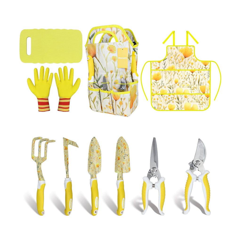 Yellow Garden Tools Set 10 Pieces, Gardening Gifts for Women | Aluminum Alloy Steel Hand Tool Kit w/Non-Slip Ergonomic