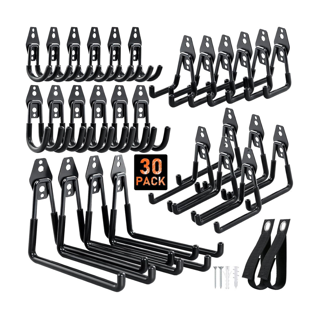 Housolution Steel Garage Hooks - 30Pack Anti-Slip Coating, Black | Wall Mount Hooks for Bikes, Garden Tools, Ladders