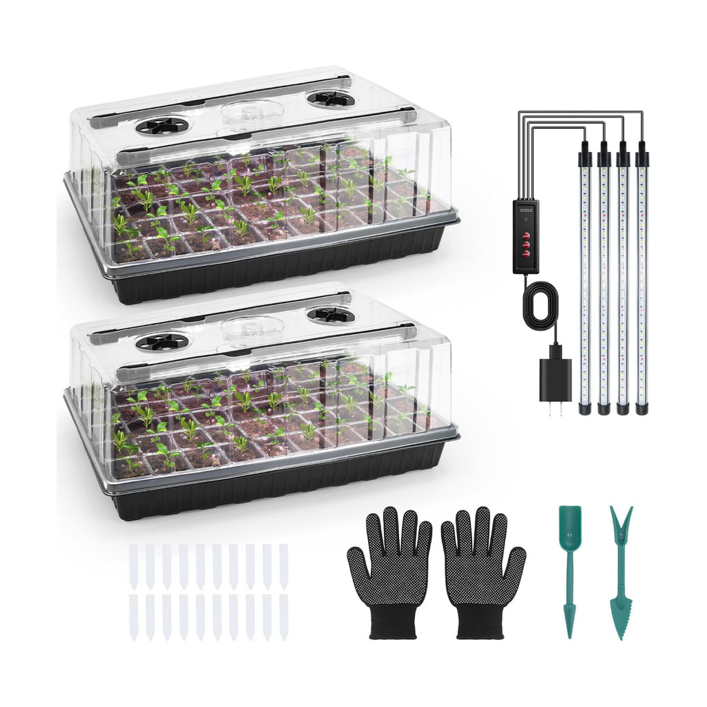 Mulctun 120-Cell Seed Starter Tray with Grow Light, Seedling Starter Trays with 4.08" Humidity Dome, Self-Watering